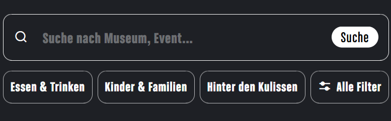 ein Suchfeld, darunter die Schnell-Filter "Essen & Trinken", "Kinder & Familien" sowie "Hinter den Kulissen" und ganz rechts ein Schieberegler für "Alle Filter"